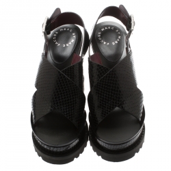 Pre Owned Marc by Marc Jacobs Black Embossed Snakeskin Leather Irving Cross Strap Wedge Sandals Size 35.5