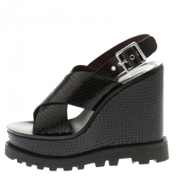Pre Owned Marc by Marc Jacobs Black Embossed Snakeskin Leather Irving Cross Strap Wedge Sandals Size 35.5