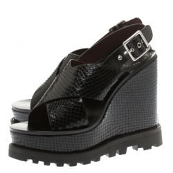 Pre Owned Marc by Marc Jacobs Black Embossed Snakeskin Leather Irving Cross Strap Wedge Sandals Size 35.5