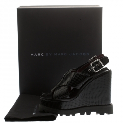 Pre Owned Marc by Marc Jacobs Black Embossed Snakeskin Leather Irving Cross Strap Wedge Sandals Size 35.5