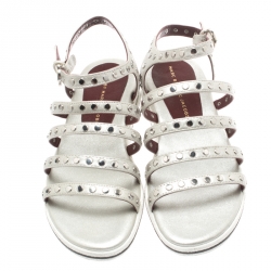 مملوكة مسبقًا Marc by Marc Jacobs Metallic Silver Leather Gena Studded Ankle Strap Flat Sandals Size 36.5