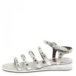 مملوكة مسبقًا Marc by Marc Jacobs Metallic Silver Leather Gena Studded Ankle Strap Flat Sandals Size 36.5