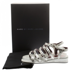 مملوكة مسبقًا Marc by Marc Jacobs Metallic Silver Leather Gena Studded Ankle Strap Flat Sandals Size 36.5