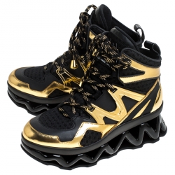 Pre Owned Marc by Marc Jacobs Black/Gold Leather And Mesh Spring Platform High Top Sneakers Size 37