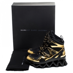 Pre Owned Marc by Marc Jacobs Black/Gold Leather And Mesh Spring Platform High Top Sneakers Size 39