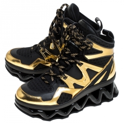 Pre Owned Marc by Marc Jacobs Black/Gold Leather And Mesh Spring Platform High Top Sneakers Size 39