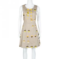 Pre Owned Marc by Marc Jacobs Beige Printed Cotton Tie Detail Double Breasted Sleeveless Dress S