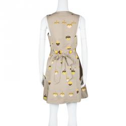 Pre Owned Marc by Marc Jacobs Beige Printed Cotton Tie Detail Double Breasted Sleeveless Dress S