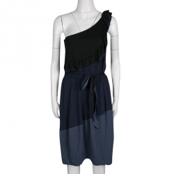 Pre Owned Marc by Marc Jacobs Colorblock Ruffled Jersey Belted One Shoulder Dress M