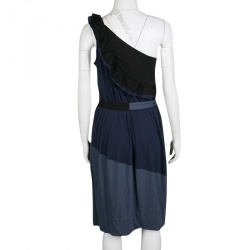 Pre Owned Marc by Marc Jacobs Colorblock Ruffled Jersey Belted One Shoulder Dress M