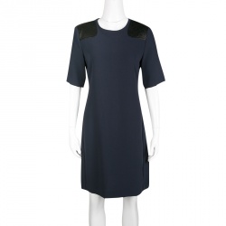 Pre Owned Marc by Marc Jacobs Ink Blue Leather Shoulder Patch Detail Short Sleeve Dress M