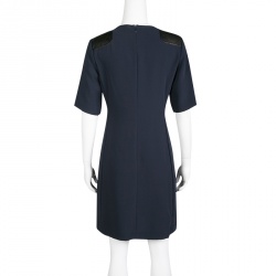 Pre Owned Marc by Marc Jacobs Ink Blue Leather Shoulder Patch Detail Short Sleeve Dress M