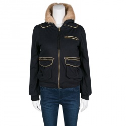 Pre Owned Marc by Marc Jacobs Navy Blue Gold Trim Faux Fur Hooded Shearling Sweatshirt S