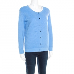 مملوكة مسبقًا Marc by Marc Jacobs Bright Periwinkle Blue Jacquard Ribbed Knit Cardigan M