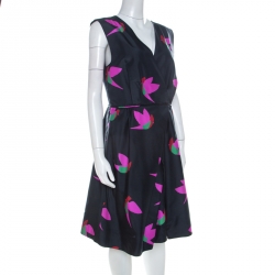Pre Owned Marc by Marc Jacobs Normandy Blue Night Bird Print Silk Taffeta Dress L