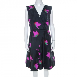 Pre Owned Marc by Marc Jacobs Normandy Blue Night Bird Print Silk Taffeta Dress L