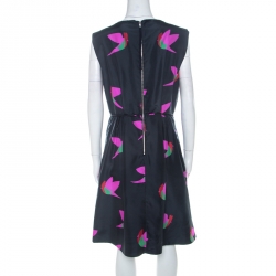 Pre Owned Marc by Marc Jacobs Normandy Blue Night Bird Print Silk Taffeta Dress L