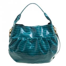 مملوكة مسبقًا Marc By Marc Jacobs Blue Green Croc Embossed Coated Fabric Hobo