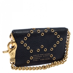 Marc by Marc Jacobs Black Leather Grommet Embellished Compact Zip Around Wallet