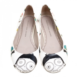 مملوكة مسبقًا Marc by Marc Jacobs White Multicolor Bird Printed Leather Round Toe Ballet Flats Size 37