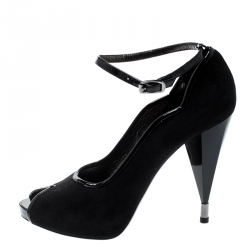 Pre Owned Marc by Marc Jacobs Black Suede And Patent Leather Trim Peep Toe Ankle Strap Pumps Size 38.5