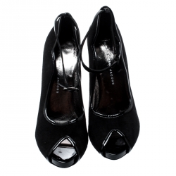 Pre Owned Marc by Marc Jacobs Black Suede And Patent Leather Trim Peep Toe Ankle Strap Pumps Size 38.5