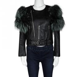 Pre Owned Marc Jacobs Black Goat Leather Fox Fur Trim Embellished Moto Jacket S