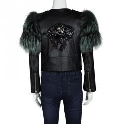 Pre Owned Marc Jacobs Black Goat Leather Fox Fur Trim Embellished Moto Jacket S