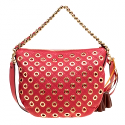 Pre Owned Marc Jacobs Red Quilted Eyelets Leather Small Nomad Hobo