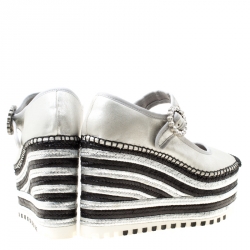 Pre Owned Marc Jacobs Metallic Silver Leather Suzi Crystal Embellished Brooch Mary Jane Espadrille Platforms Size 39