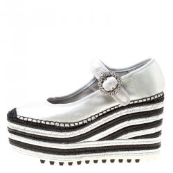 Pre Owned Marc Jacobs Metallic Silver Leather Suzi Crystal Embellished Brooch Mary Jane Espadrille Platforms Size 39