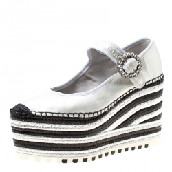Pre Owned Marc Jacobs Metallic Silver Leather Suzi Crystal Embellished Brooch Mary Jane Espadrille Platforms Size 39