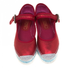 Pre Owned Marc Jacobs Metallic Red Leather Suzi Crystal Embellished Brooch Mary Jane Espadrille Platforms Size 38