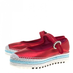 Pre Owned Marc Jacobs Metallic Red Leather Suzi Crystal Embellished Brooch Mary Jane Espadrille Platforms Size 38