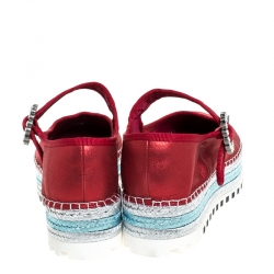 Pre Owned Marc Jacobs Metallic Red Nubuck Suzi Crystal Embellished Brooch Mary Jane Espadrille Platforms Size 39