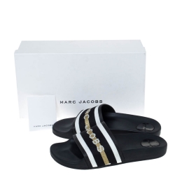 Pre Owned Marc Jacobs Monochrome Rubber Logo Web Flat Slides Size 36