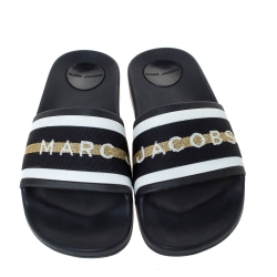 Pre Owned Marc Jacobs Monochrome Rubber Logo Web Flat Slides Size 36