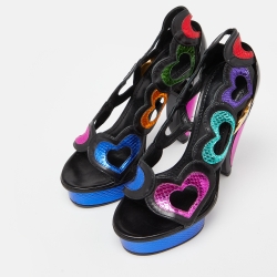 Marc Jacobs Multicolor Leather and Watersnake Heart Cut Out Open Toe Platform Pumps Size 37.5