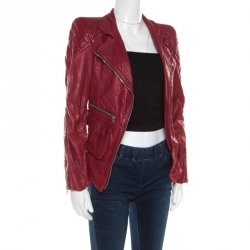 Pre Owned Marc Jacobs Brick Red Leather Quilted Shoulder Biker Jacket S