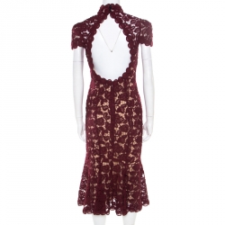 Pre Owned Marc Jacobs Burgundy Rose Guipure Lace Cap Sleeve Midi Dress S