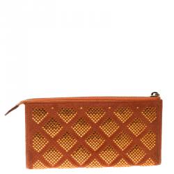 Pre Owned Marc Jacobs Orange Quilted Leather Crystal Embellished Double Pocket Zip Wallet