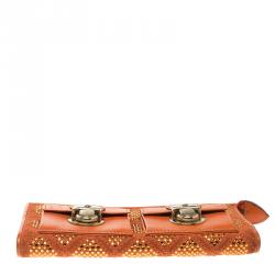 Pre Owned Marc Jacobs Orange Quilted Leather Crystal Embellished Double Pocket Zip Wallet