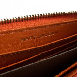 Pre Owned Marc Jacobs Orange Quilted Leather Crystal Embellished Double Pocket Zip Wallet