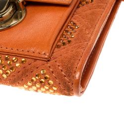 Pre Owned Marc Jacobs Orange Quilted Leather Crystal Embellished Double Pocket Zip Wallet