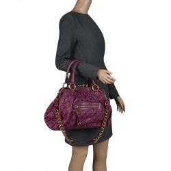 Pre Owned Marc Jacobs Purple Quilted Snake Embossed Leather Snake Skin Trim Stam Shoulder Bag