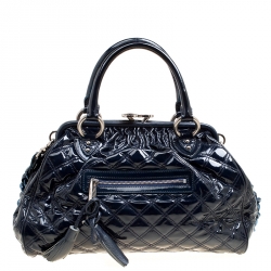 Pre Owned Marc Jacobs Dark Blue Quilted Patent Leather Stam Top Handle Shoulder Bag