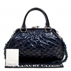 Pre Owned Marc Jacobs Dark Blue Quilted Patent Leather Stam Top Handle Shoulder Bag