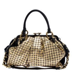 Pre Owned Marc Jacobs Black/Gold Houndstooth Print Leather and Fur Little Stam Shoulder Bag