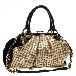 Pre Owned Marc Jacobs Black/Gold Houndstooth Print Leather and Fur Little Stam Shoulder Bag