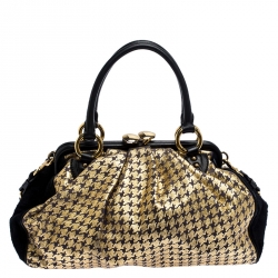 Pre Owned Marc Jacobs Black/Gold Houndstooth Print Leather and Fur Little Stam Shoulder Bag